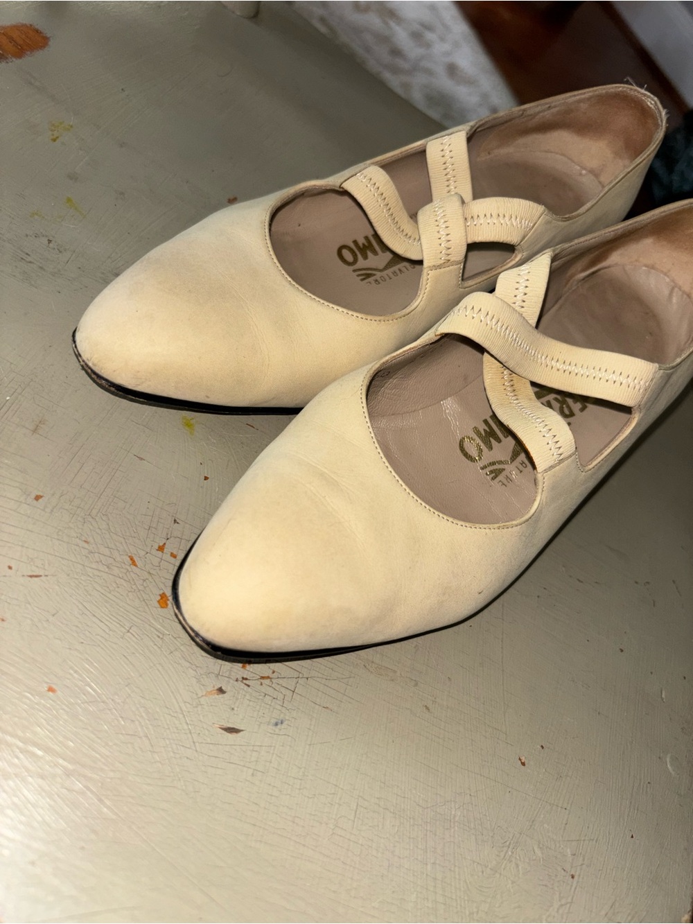 Salvatore Ferragamo Cream Leather Mary Jane Flats